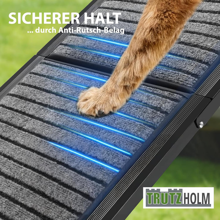 TRUTZHOLM Hunderampe klappbar 158 cm, Autorampe für Hunde, bis 110 kg Tragkraft, 4-Fach klappbar, Al