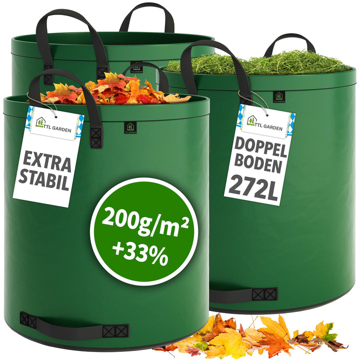 TTL Garden 3x 272L SUPER SOLID Gartensack grün - DOPPELTER BODEN 2x200 gsm extra stabil & reissfest