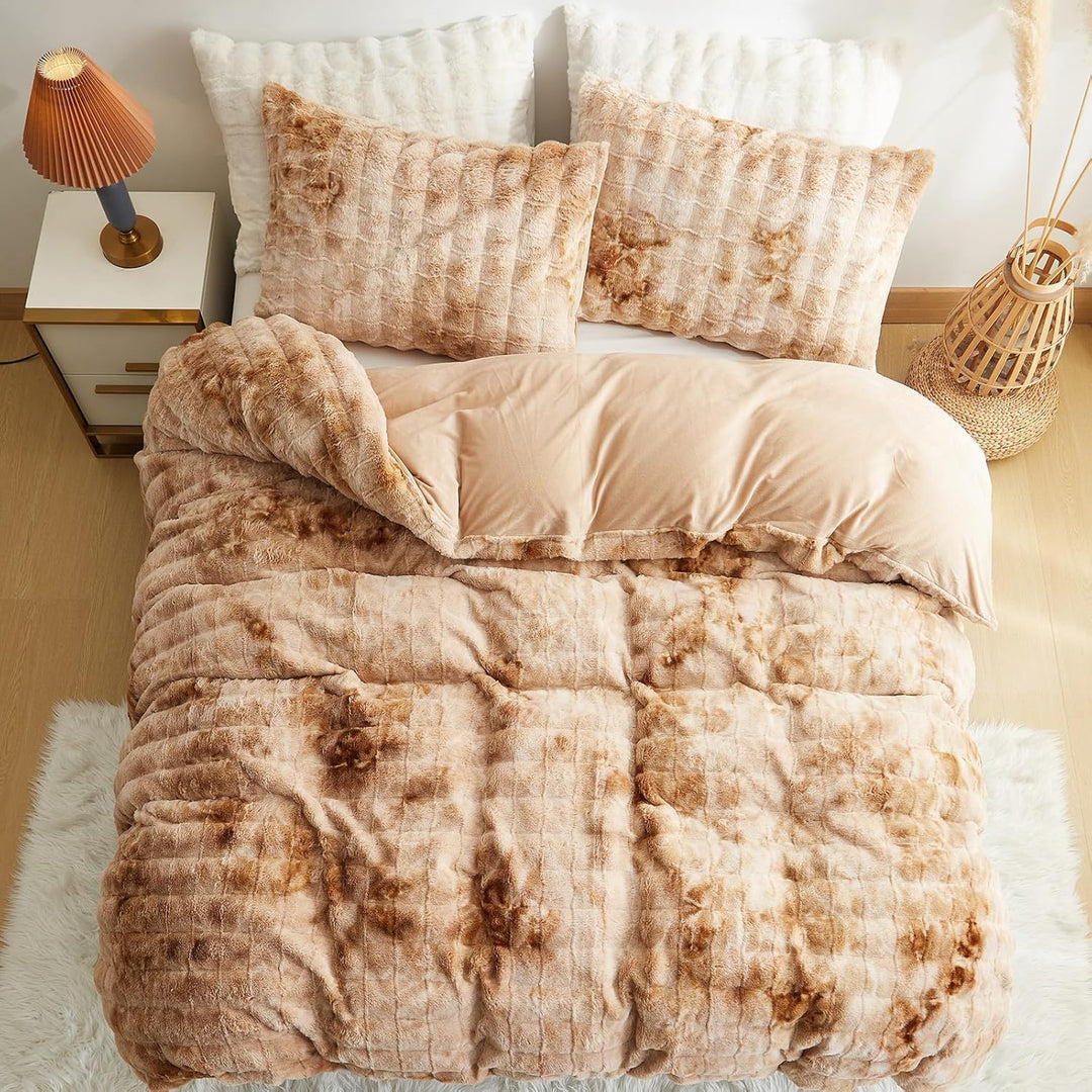 Freyamy Winter Bettwäsche 200x200 3tlg Braun Beige Gestreift,Warm Plüsch Langhaar Flauschig Bettwäsc