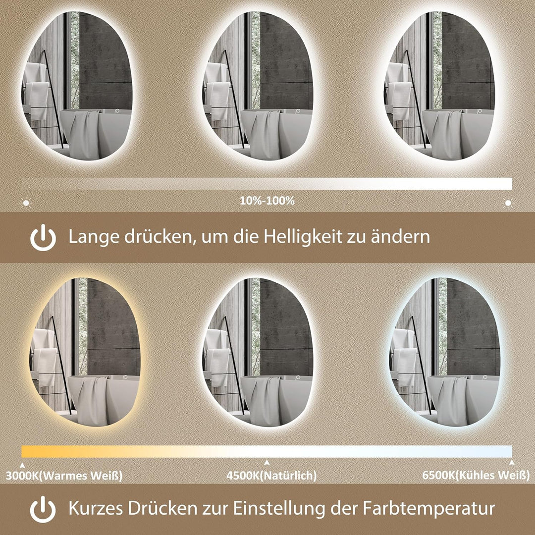 HOMCOM Badspiegel mit Beleuchtung 70 x 50 cm LED Badezimmerspiegel Dimmbar mit 3 Lichtfarben Touch-S