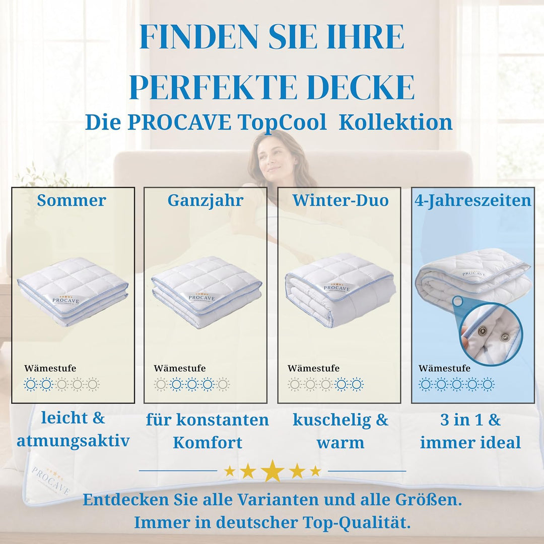 PROCAVE TopCool 4 Jahreszeiten Qualitäts-Bettdecke mit Druckknöpfen für Winter und Sommer | Soft-Kom