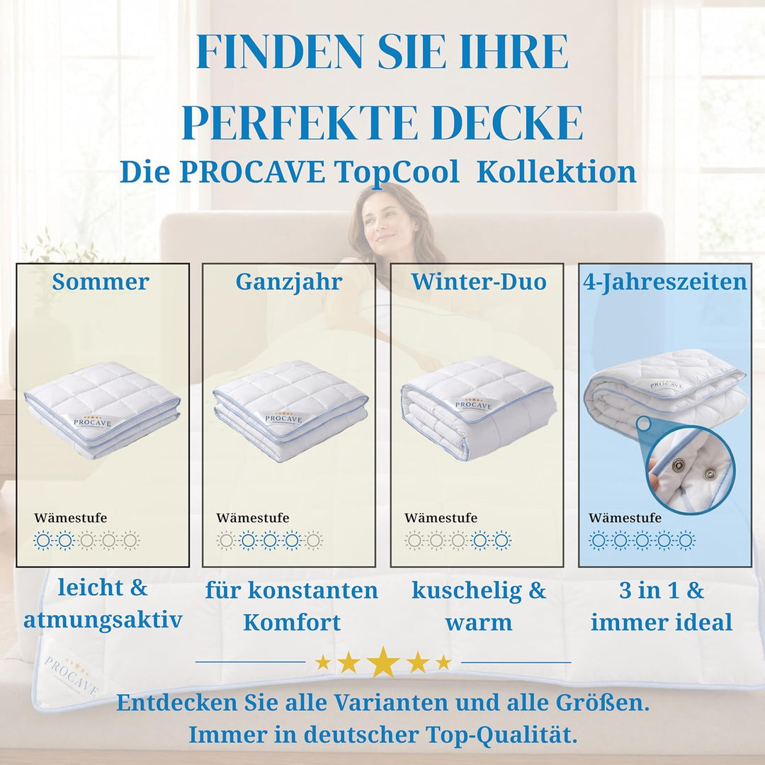 PROCAVE TopCool 4 Jahreszeiten Qualitäts-Bettdecke mit Druckknöpfen für Winter und Sommer | Soft-Kom