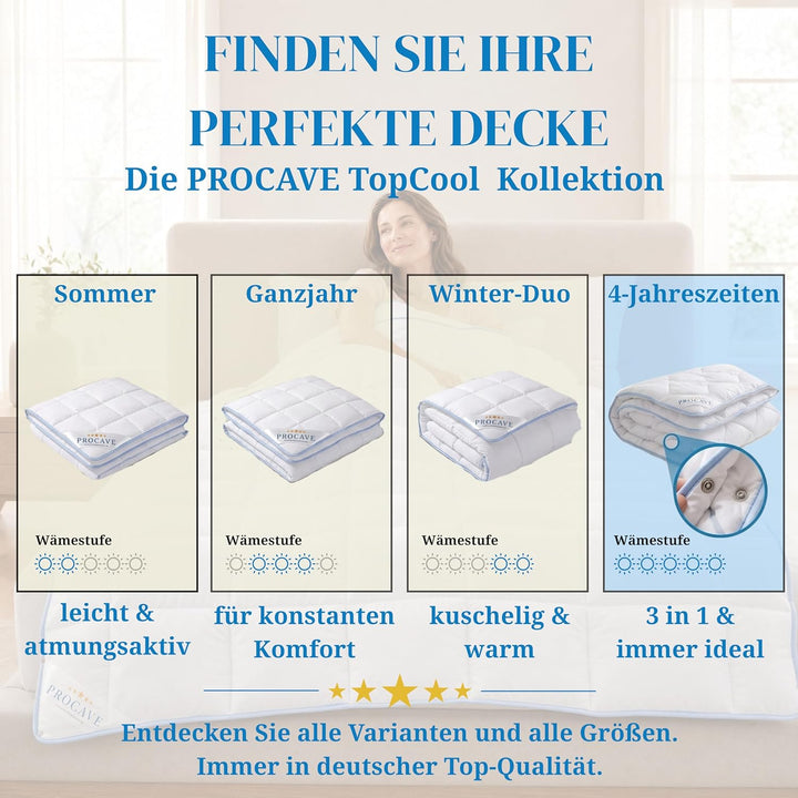 PROCAVE TopCool 4 Jahreszeiten Qualitäts-Bettdecke mit Druckknöpfen für Winter und Sommer | Soft-Kom