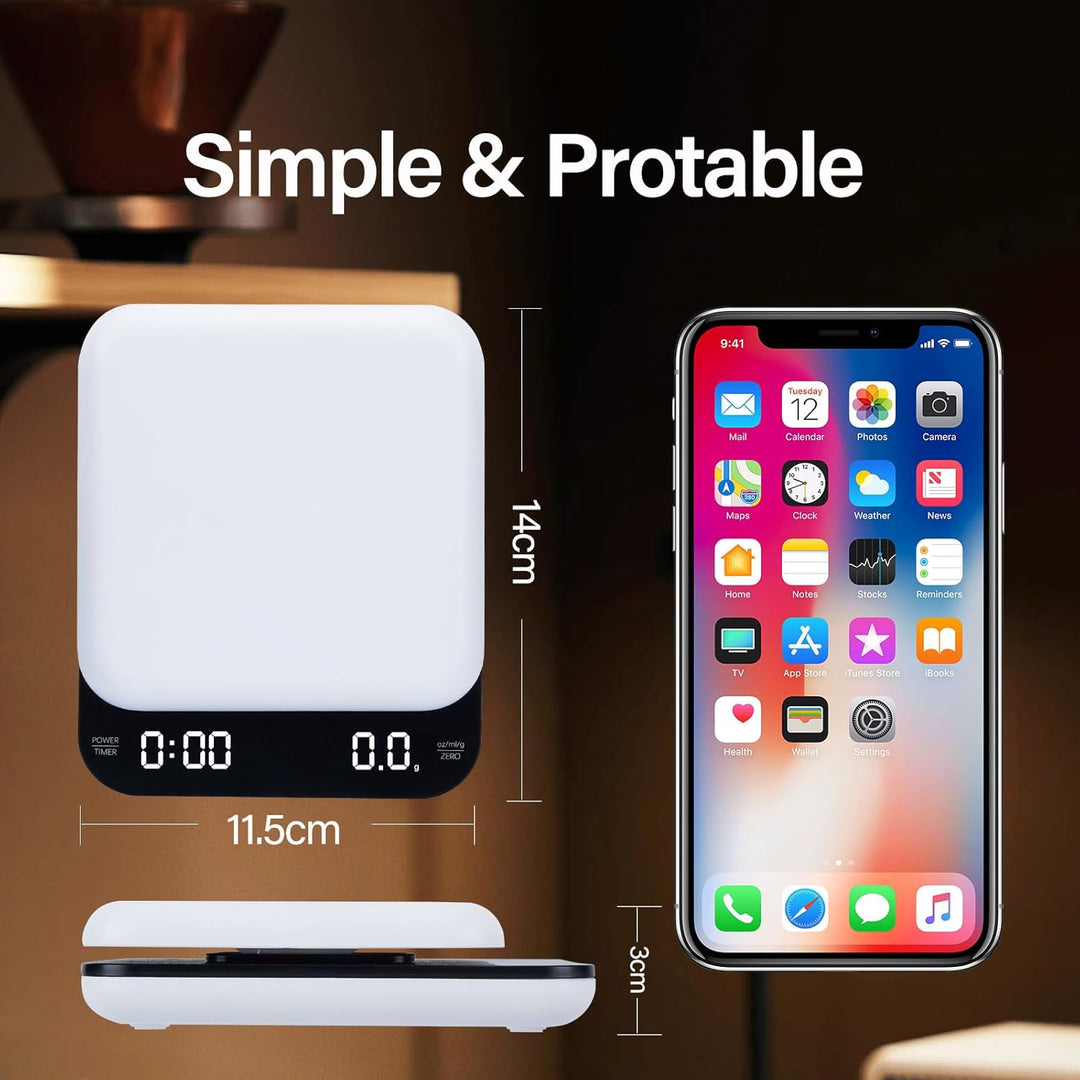 Coffee Scales with Timer, 0.1 g/3 kg, Automatic and Manual Time Keeping Mode, Rechargeable, Auto Off
