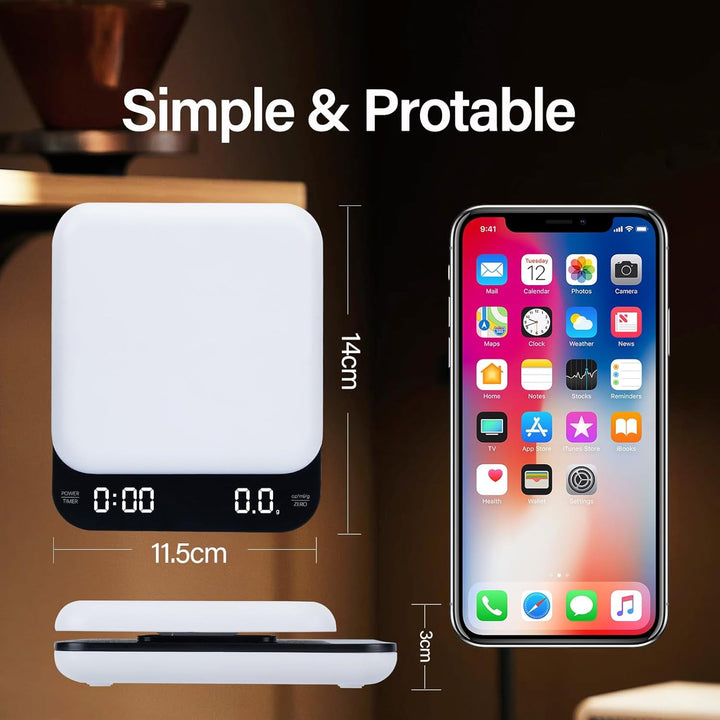 Coffee Scales with Timer, 0.1 g/3 kg, Automatic and Manual Time Keeping Mode, Rechargeable, Auto Off