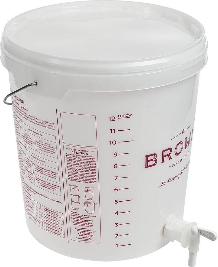Browin 340416 Weisser Gärbehälter 15 L, mit rotierendem Abflusshahn und Deckel - Skala, zur Gärung v