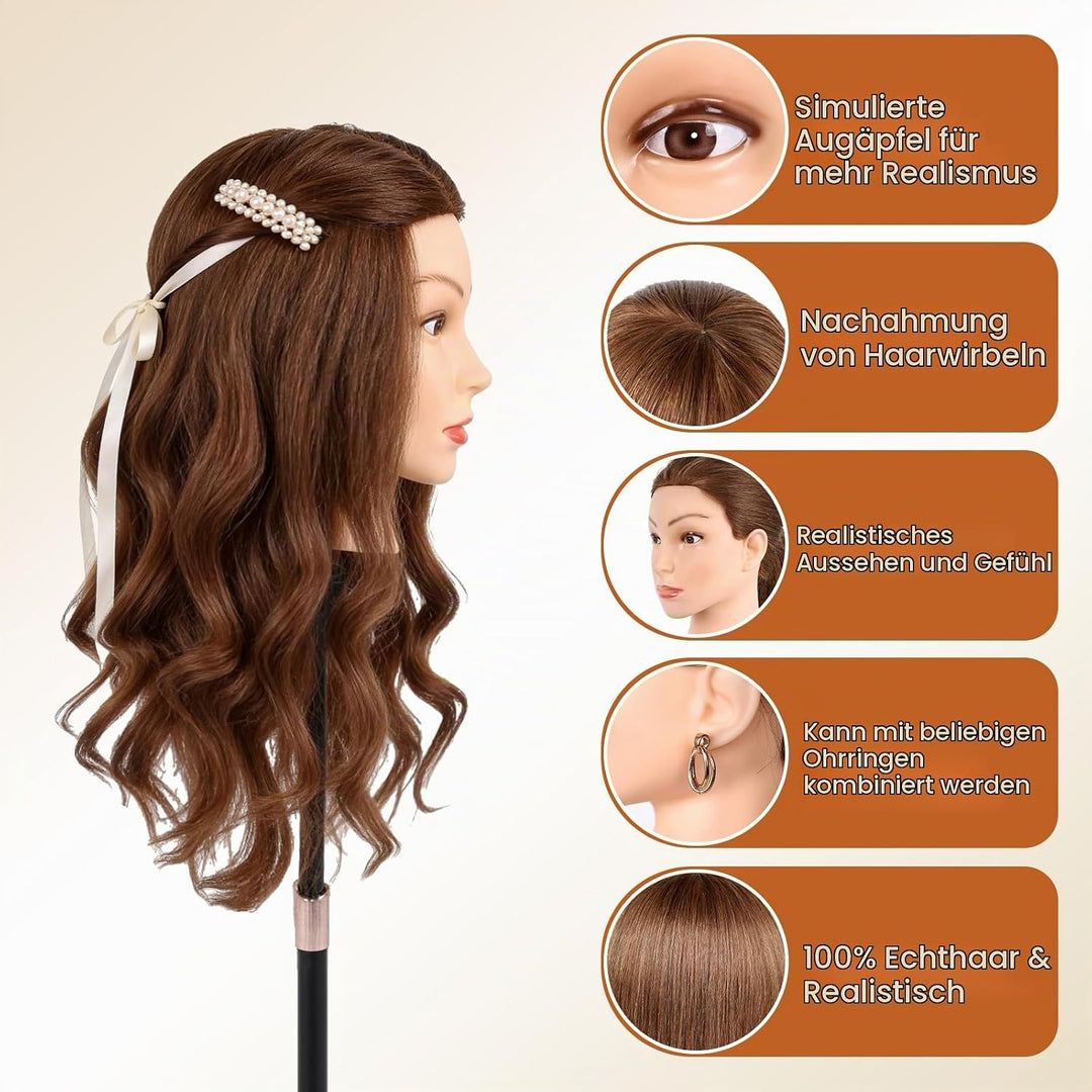 Frisierkopf 100% Echthaar Friseurkopf, TopDirect Übungskopf 22 Zoll 55cm Echthaar Kopf, Frisieren Tr