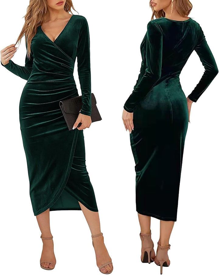Yutdeng Winterkleid Damen Elegant Samtkleid Lang Abendkleid V-Ausschnitt Partykleid Bodycon Cocktail