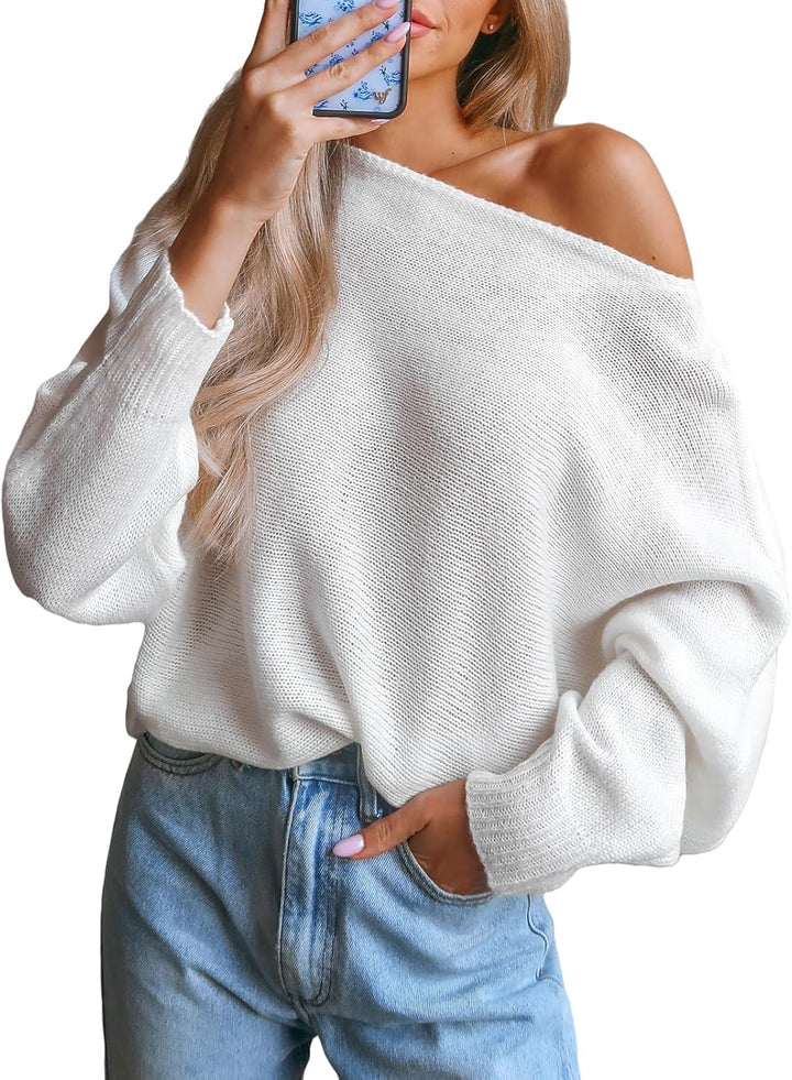 CUPSHE Damen Strickpullover One Shoulder Fledermausärmel Feinstrick Schulterfreier Pulli Oberteile T