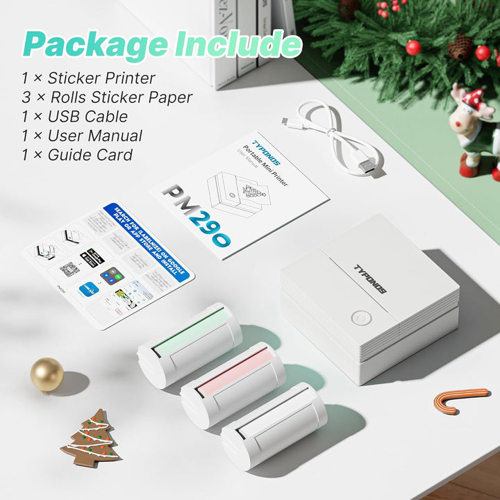 Sticker Drucker, PM290 Mini Drucker für Smartphone, Bluetooth Thermodrucker Mini mit 3 Rollen Papier