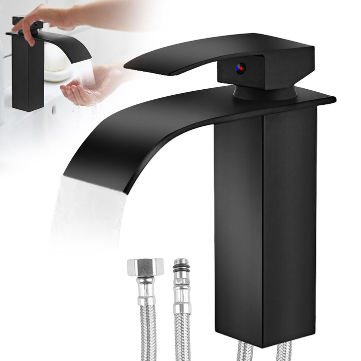 Touch-On Wasserhahn Bad Schwarz - Mattierte Wasserfall-Armatur mit Fingerprint-Schutz | Einhebelmisc