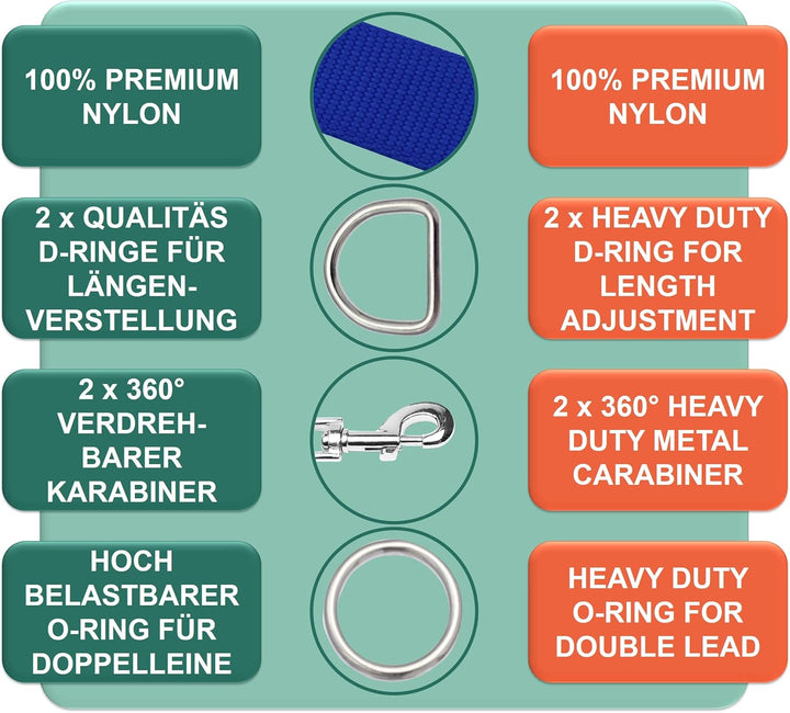 DEY - Premium Hundeleine Nylon 2m | 3fach Verstellbar | für Kleine, Mittelgrosse u. Grosse Hunde | v
