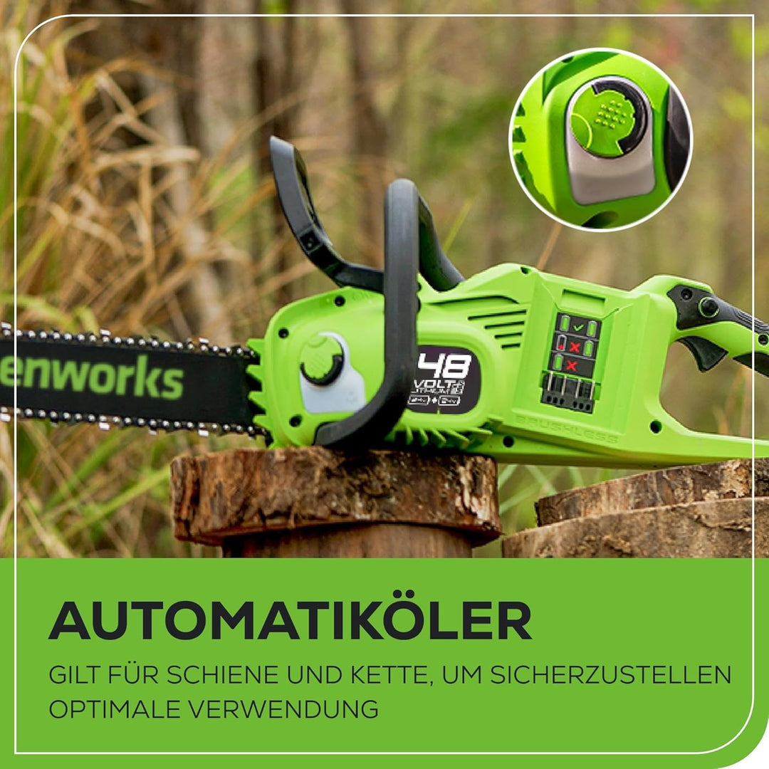 Greenworks 48V(2x24V) Akku Kettensäge mit bürstenlosem Motor, 14-Zoll (35 cm) Klinge, 20 m/s Ketteng