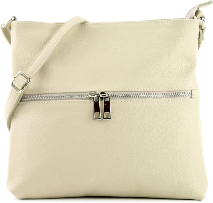 modamoda de - T144 - ital Umhängetasche Schultertasche aus Leder Cremebeige, Cremebeige