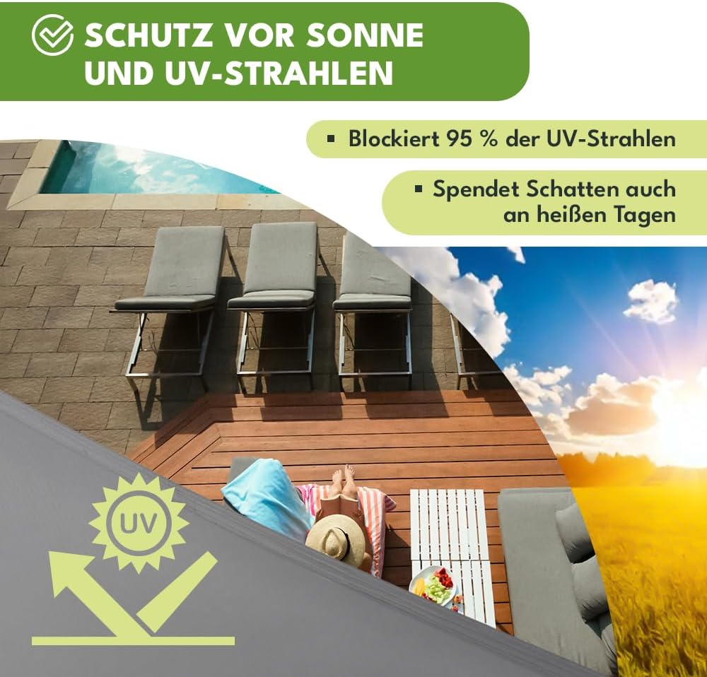 KRUMAD Sonnensegel Rechteckig 3m x 2m, Grau, UV-Schutz, Wasserdicht, Wetterfest, für Garten, Balkon