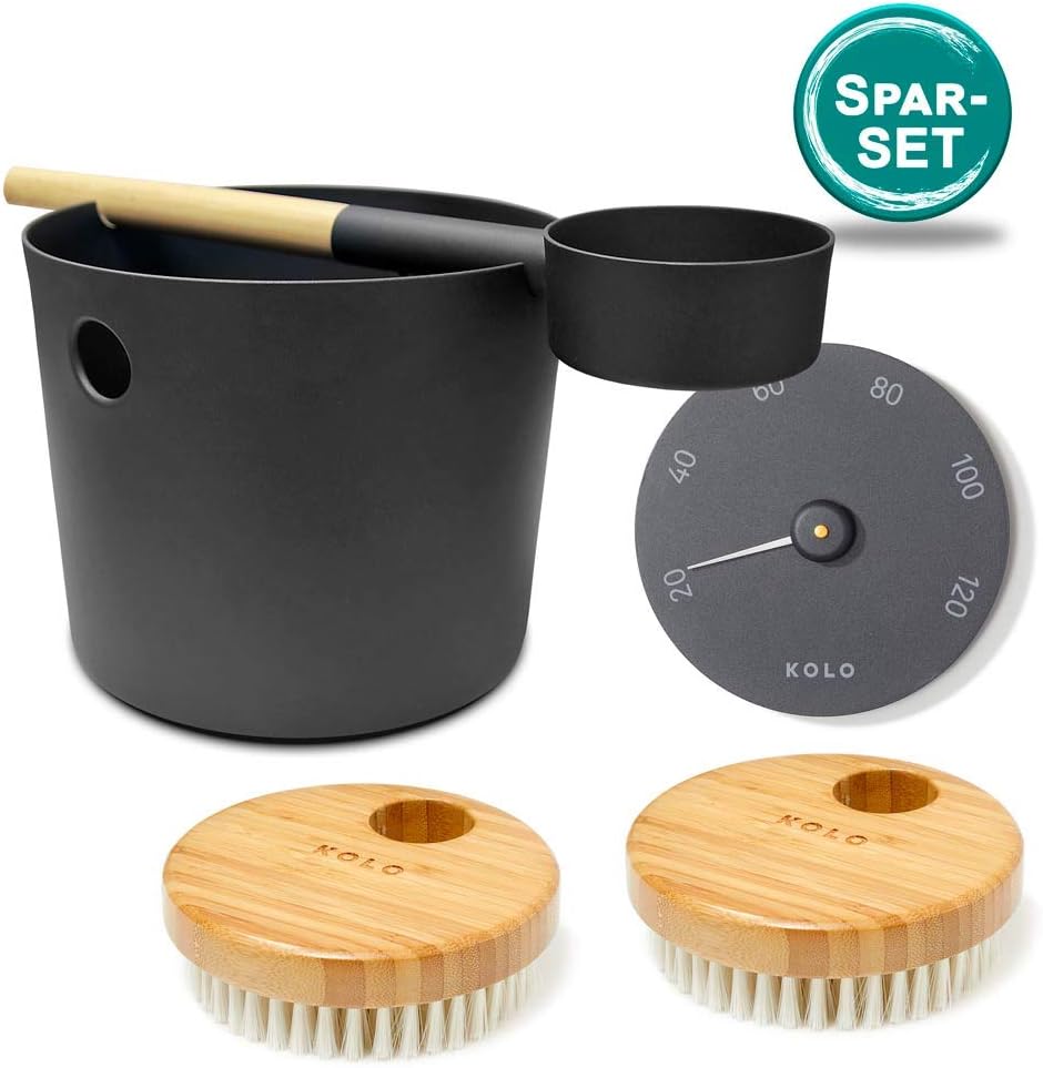 SET> KOLO Sauna Kübel, Kelle + Themometer in Schwarz + Bürste Natur | tolles Sauna-Set | Sauna-Gesch