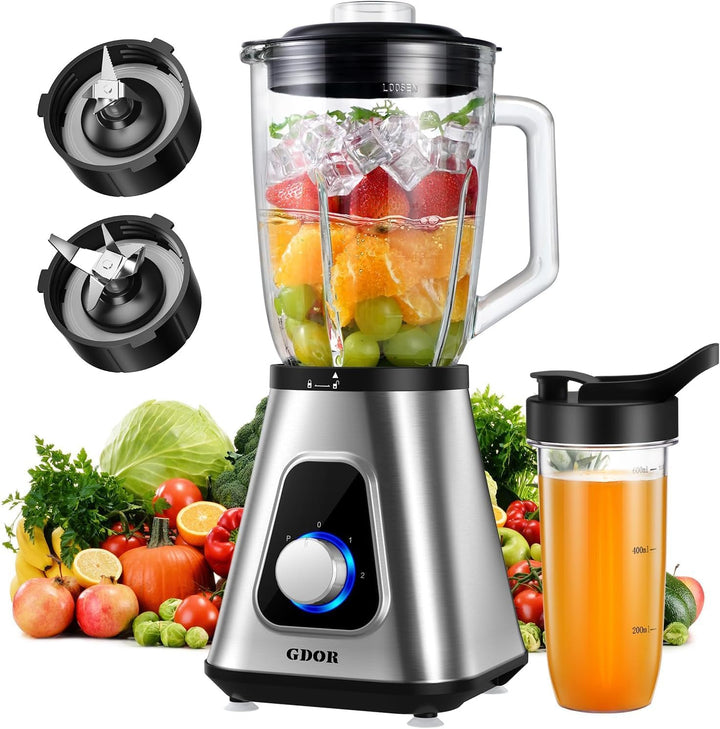 GDOR 1200W Smoothie Maker 2-1 Standmixer Glas mit 1,5L Glaskrug und 650ml Reisebecher 3 Geschwindigk