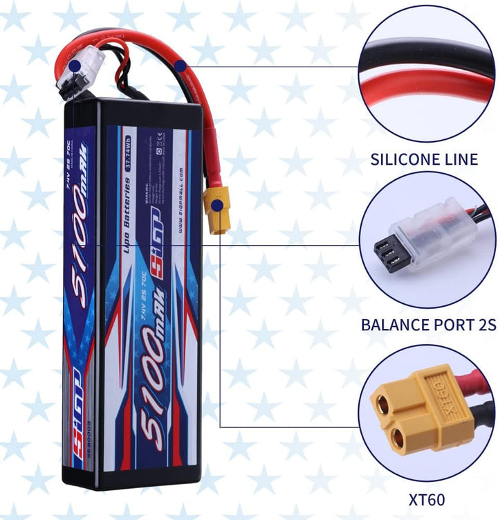 SIGP 2S Lipo Akku 7.4V 5100mAh 70C RC Akku Hardcase mit XT60 Anschluss für RC Fahrzeuge Auto LKW Tan