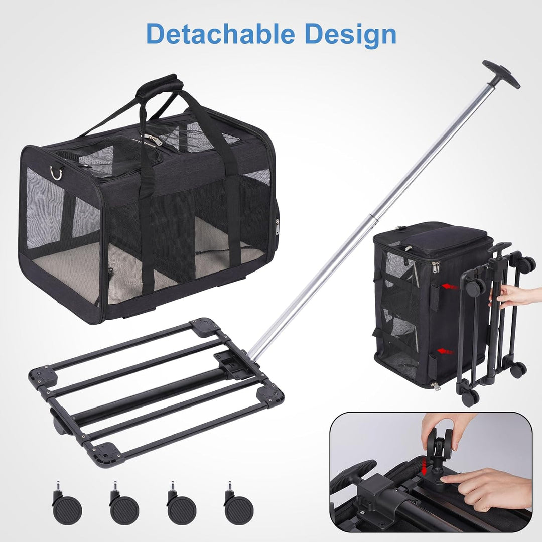 FASNATI Haustier-Tragetasche mit Doppelfach, abnehmbare Räder, für Katze/Hund, Roll-Tragetasche für