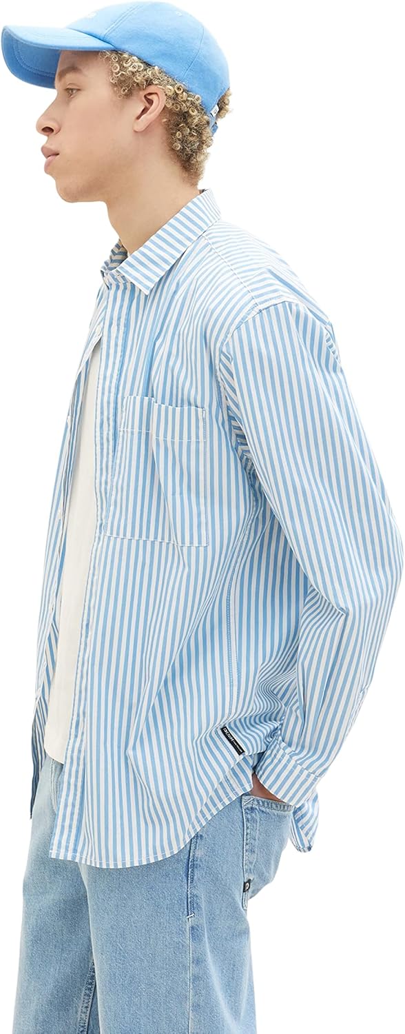 TOM TAILOR Denim Herren Relaxed Fit Hemd mit Streifen S 31564 - Sky Blue Off White Stripe, S 31564 -
