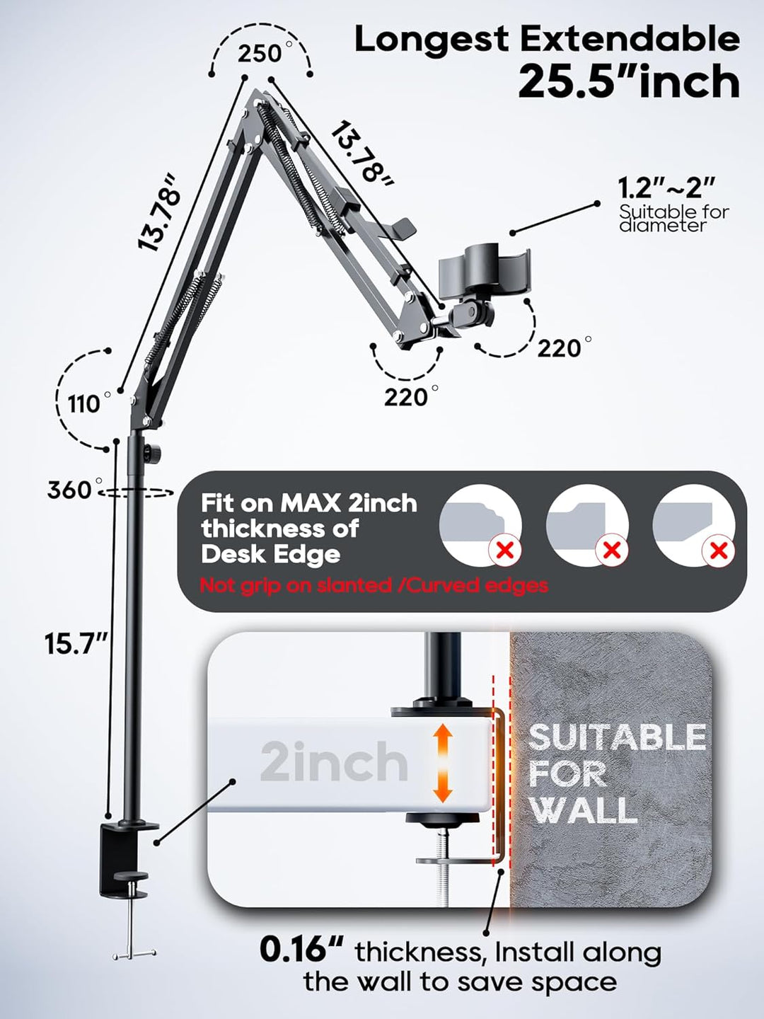 Boom Arm, 360° drehbarer Mikrofonständer mit Tischhalterung, faltbarer Tischmikrofonarm mit 3/8&
