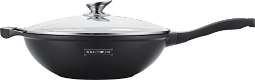 Royalty Line RL-BW28M BLACK 28 cm Marble Coating Wok with Glass Lid by Roaylty Line