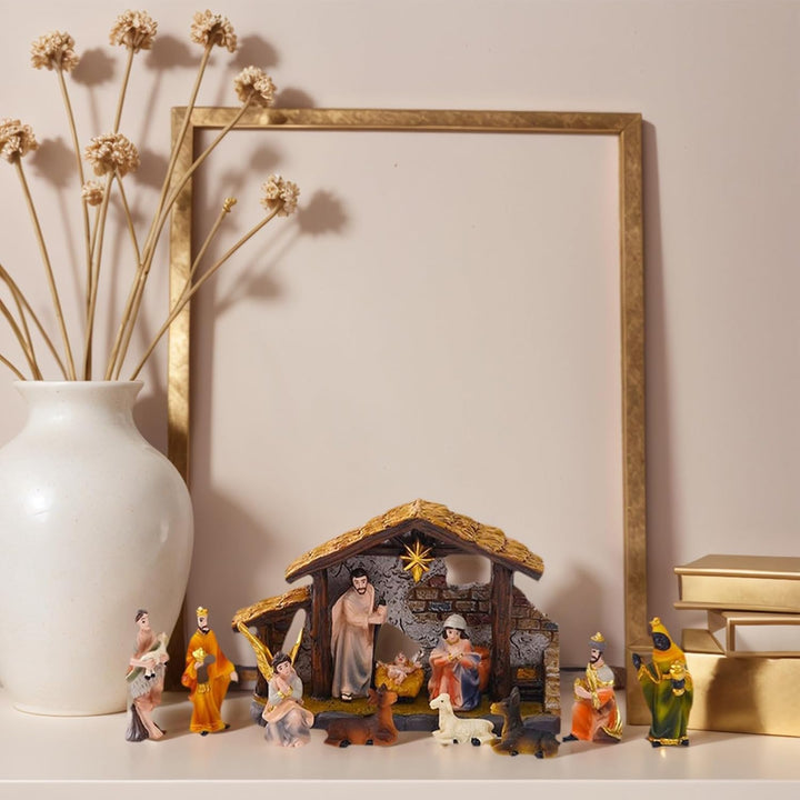 Krippen Set Weihnachten 3,5 cm Hoch - Krippenfiguren Statuen | Religiöse Resin Figuren Deko für Tisc