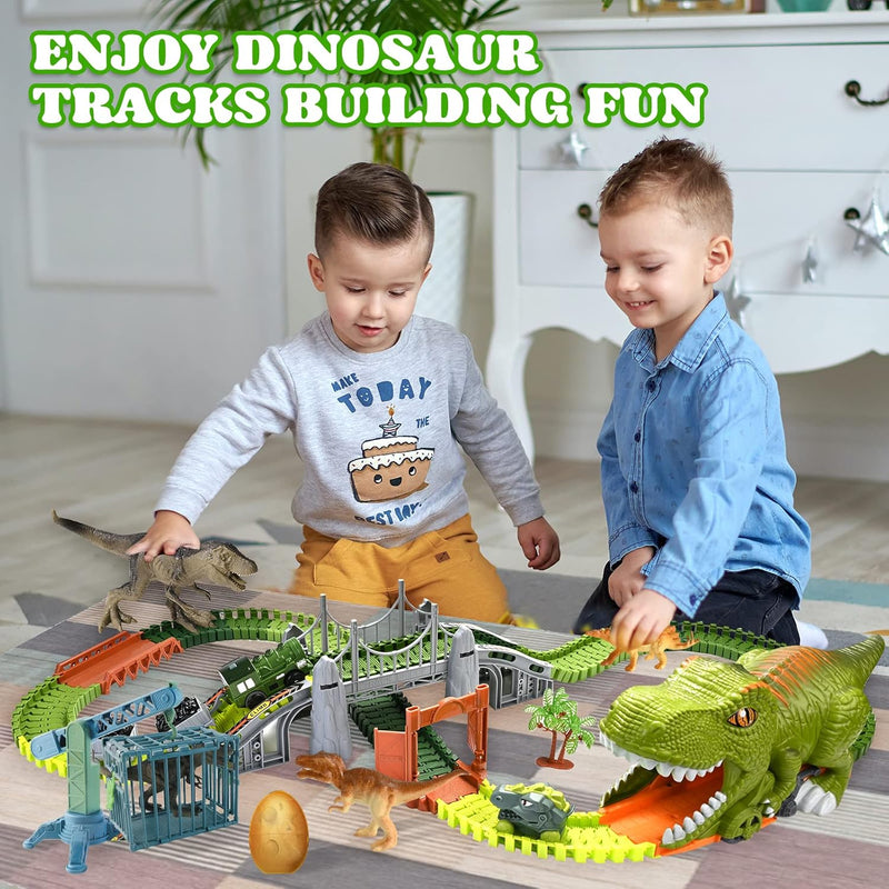 deAO Dinosaurios Juguetes Niños 3 4 5 6 Años Pista de Coches, con jaula de transporte de dinosaurios