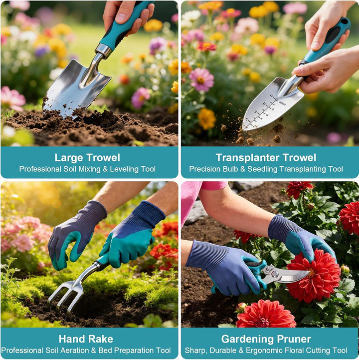 Gartenwerkzeug-Set 7 Stück, Ergonomische Gartenwerkzeuge mit Anti-Rutsch-Griff, Rostfrei, aus Alumin
