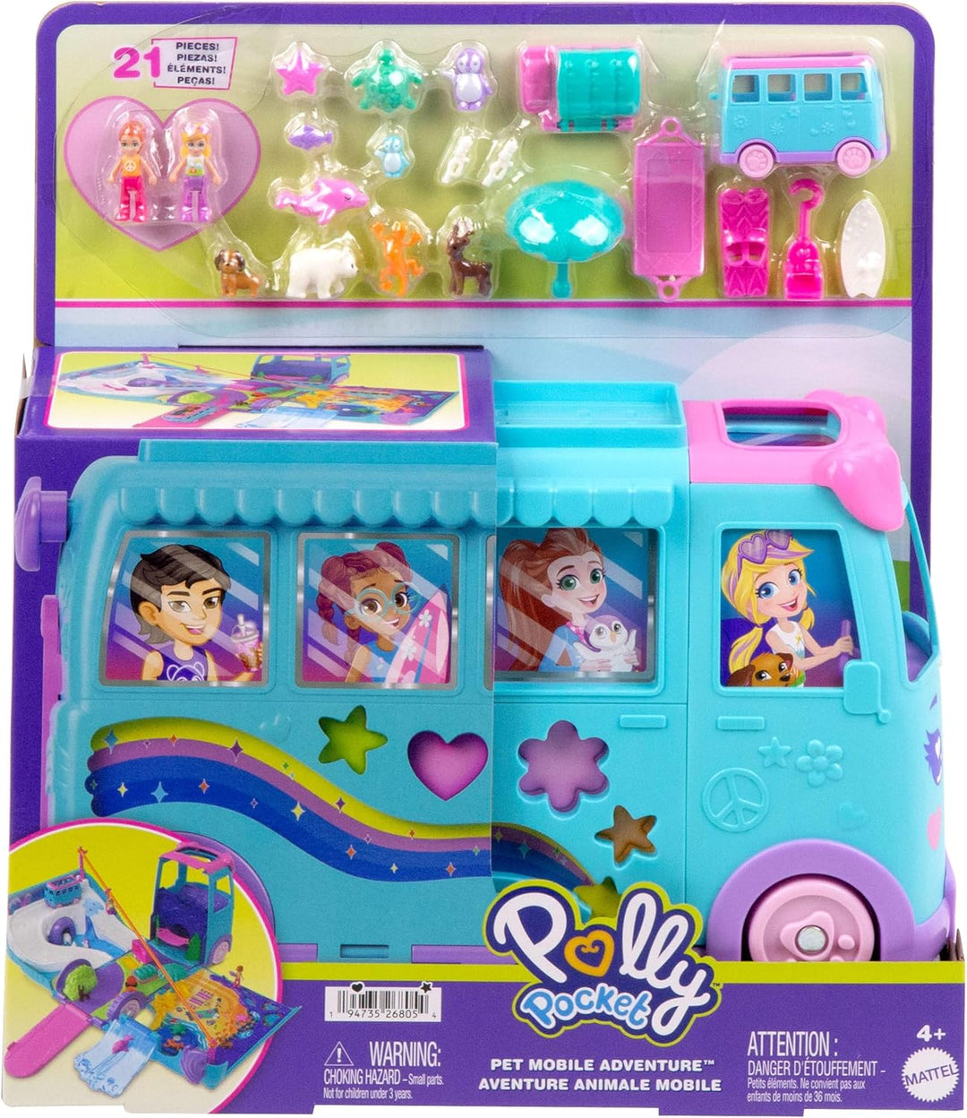 Polly Pocket-Mikropuppen und umwandelbarer Camper, mit Accessoires wie Haustieren und Spielzeugauto,