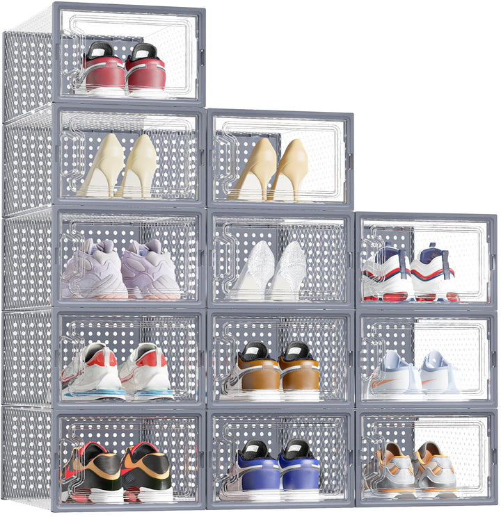 HOMIDEC Schuhboxen, 12er Set Schuhboxen Stapelbar Transparent, Faltbar Schuhorganizer Schuhaufbewahr