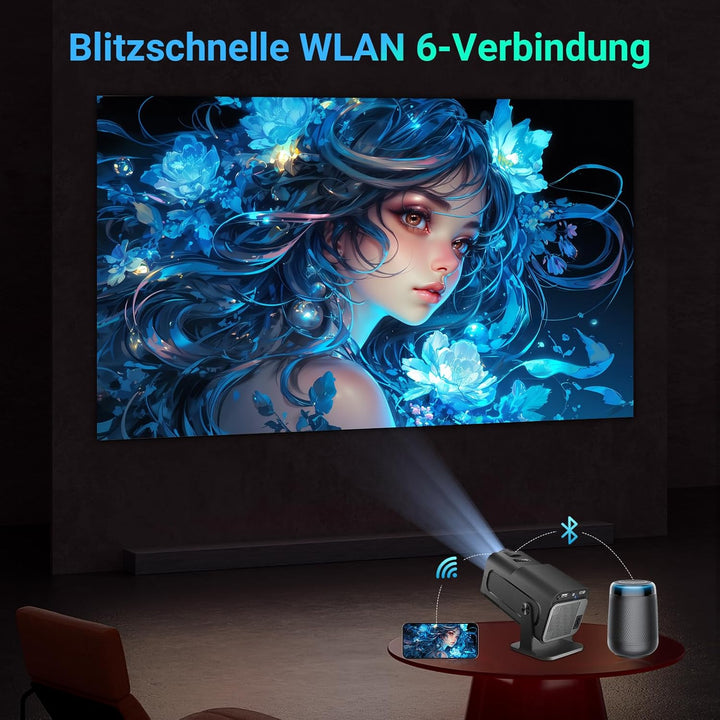 Mini Beamer Unterstützt 4K 1080P, Smart Projektor Tragbarer mit WiFi 6 und Bluetooth 5.0,Tragbarer P