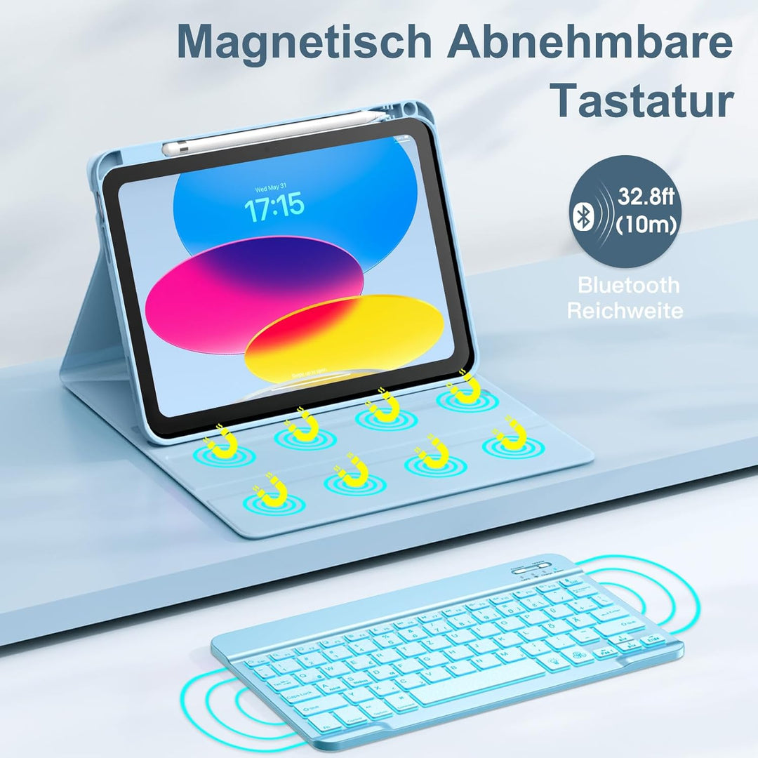 Vobafe Hülle mit Tastatur für iPad A16 11/10 Generation (2025/2022, 11/10.9 Zoll)- 7 Farben Beleucht