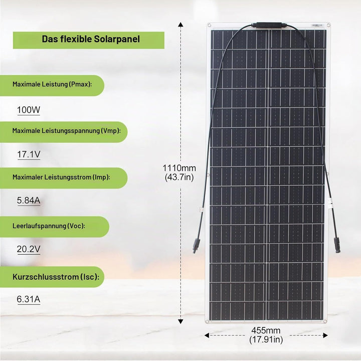 Solarpanel 100W 12V Flexibles monokristallines Solarpanel Ultra Leicht Ultra Dünn Wasserdicht Solarl