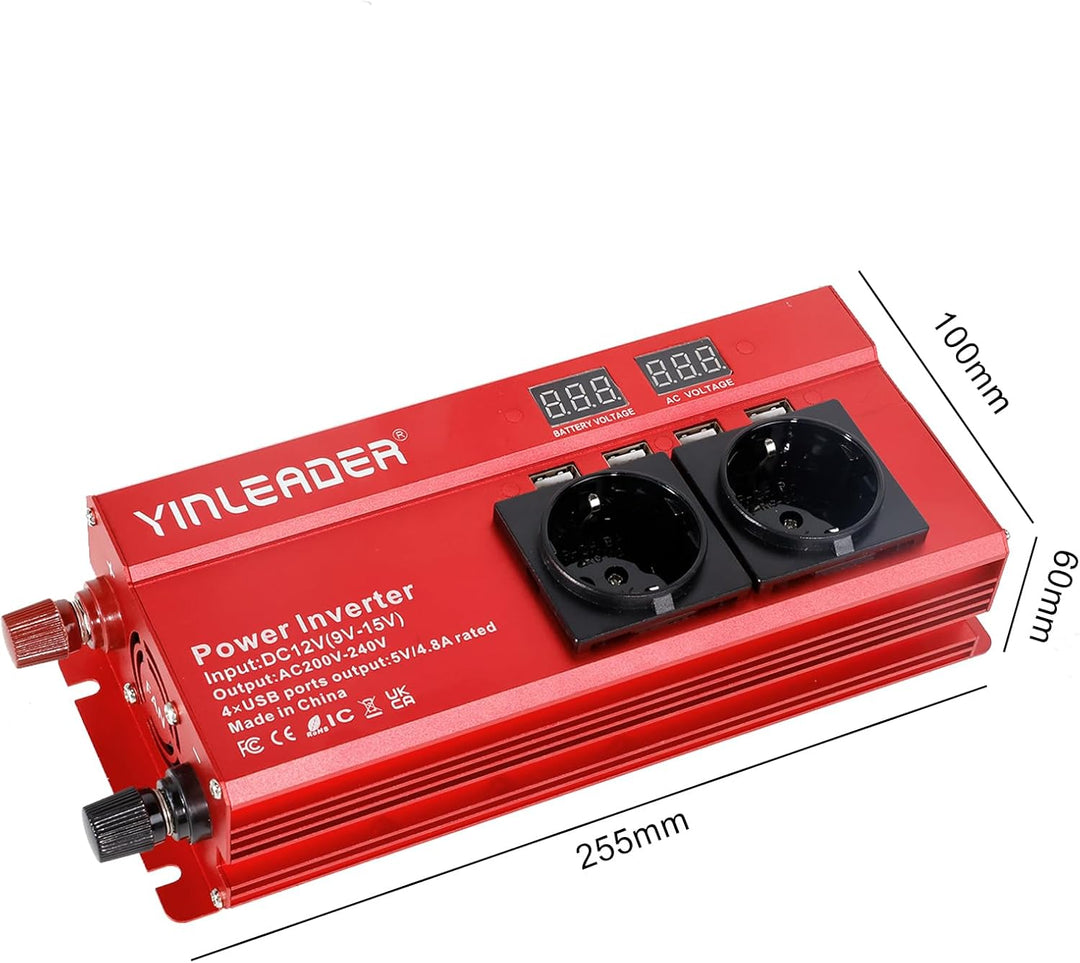 Spannungswandler 12V 230V 1000W/2000W Wechselrichter mit 2 Steckdose und 4 USB LED Spannungsanzeige