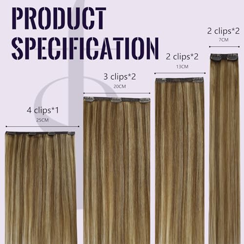 Fshine Clip In Haarverlängerungen Echtes Menschenhaar Mittelbraun und Karamellblond Highlights Clip