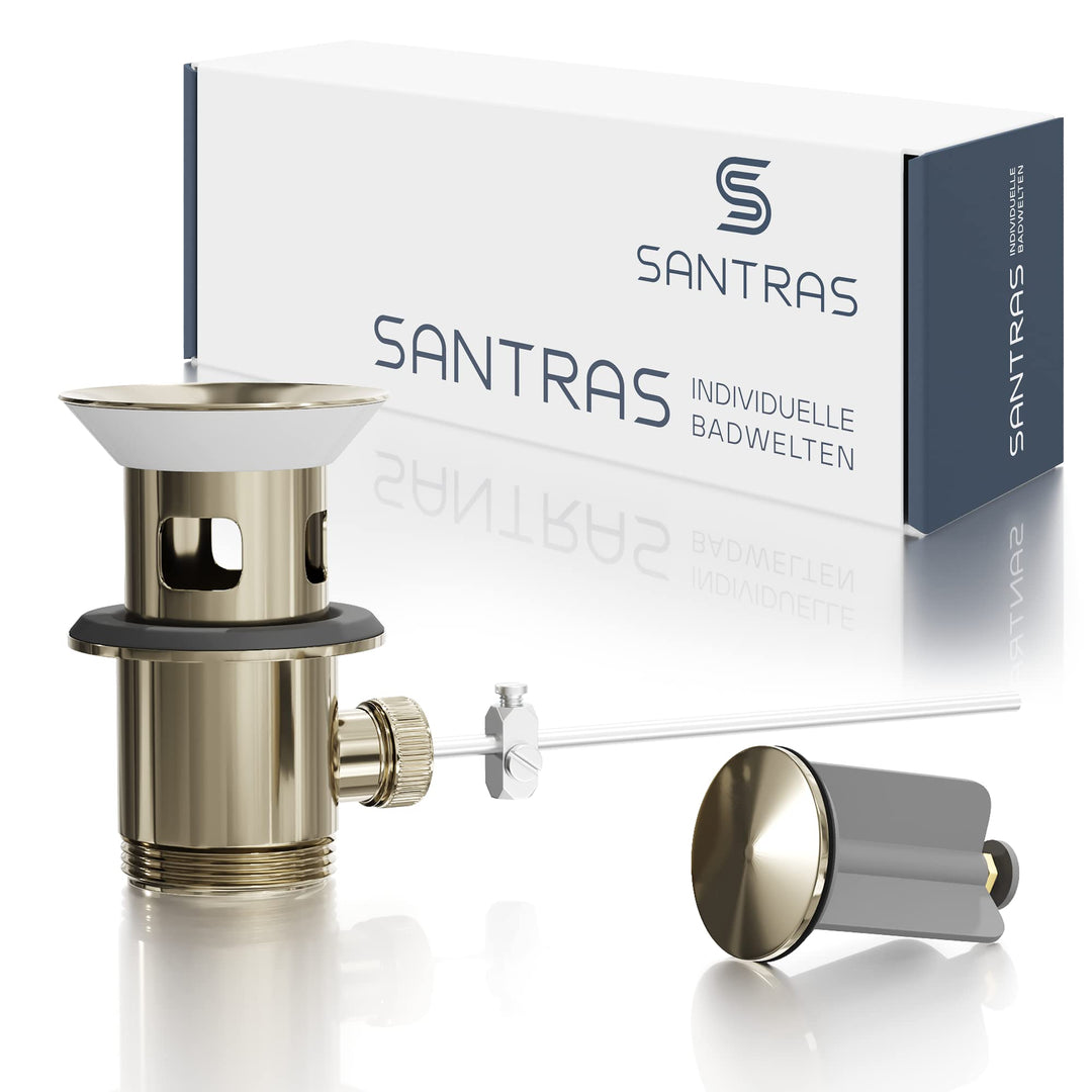 SANTRAS® Exzenter Ablaufgarnitur PREMIUM für Waschtisch mit Schutz vor Überlauf in Edelmessing – Kom