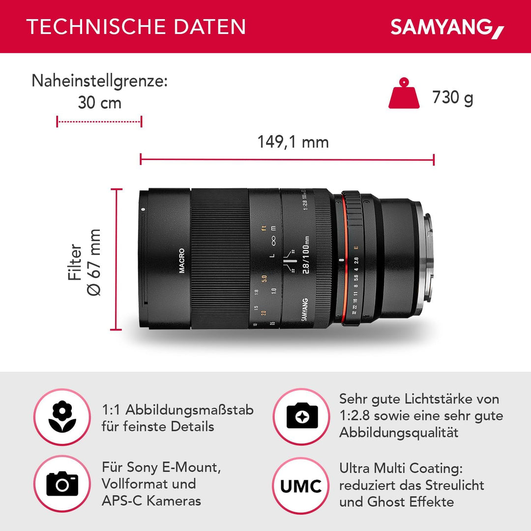 Samyang MF 100mm F2.8 Makro für Sony E – Macro Teleobjektiv für Sony E-Mount, geeignet für APS-C und