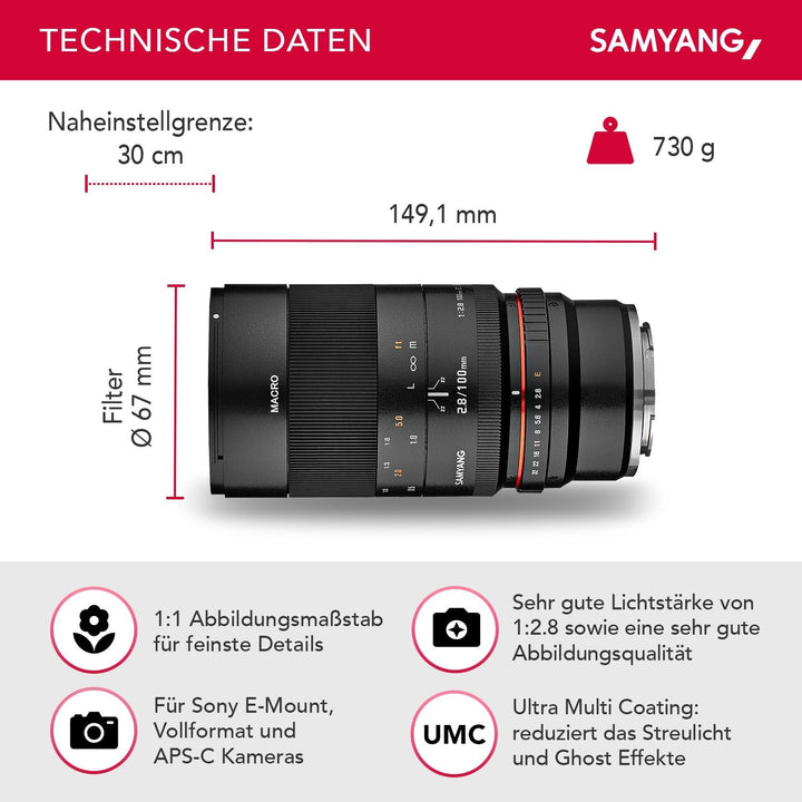 Samyang MF 100mm F2.8 Makro für Sony E – Macro Teleobjektiv für Sony E-Mount, geeignet für APS-C und