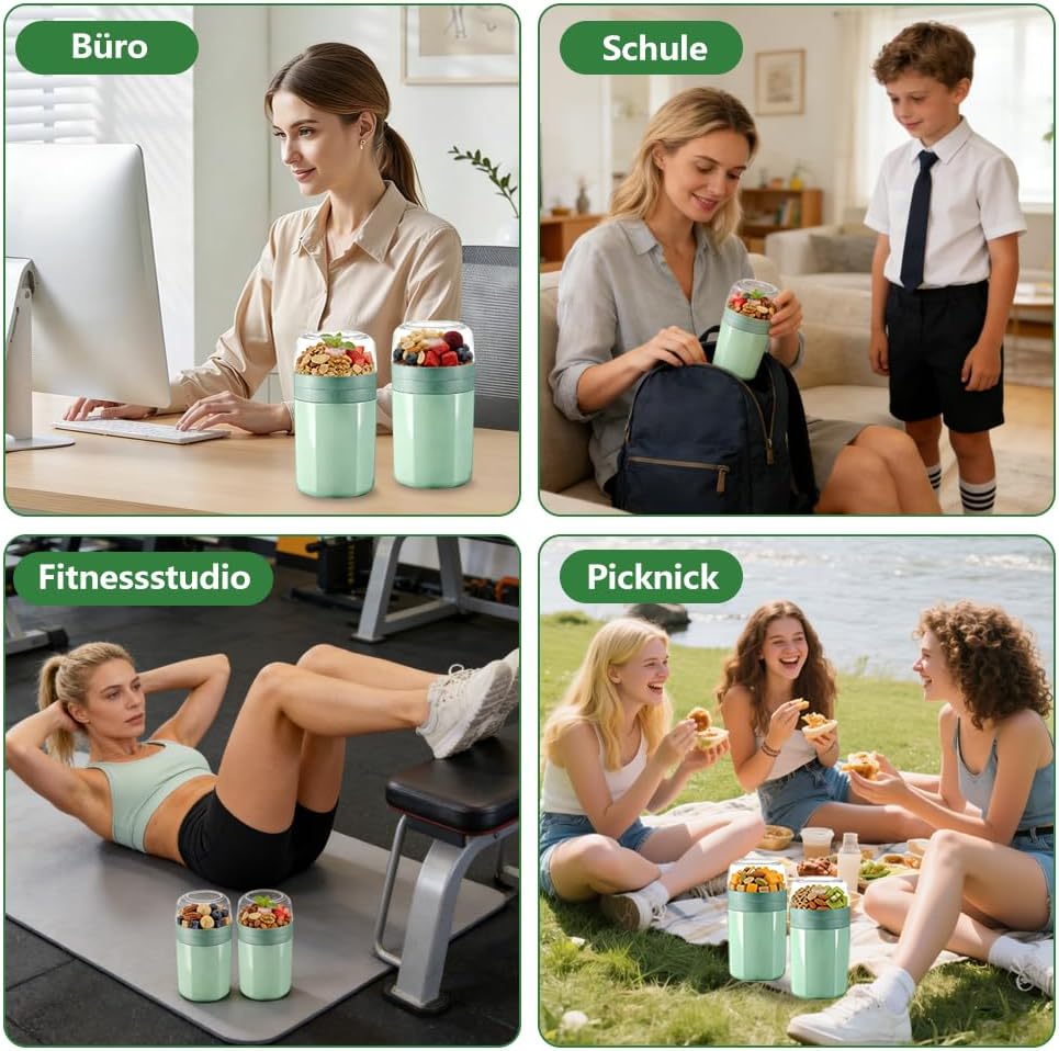 2 Stück Müslibecher to go mit Löffel - 3-Schicht-Design, Joghurtbecher to go Kinder 520ML+250ML mit