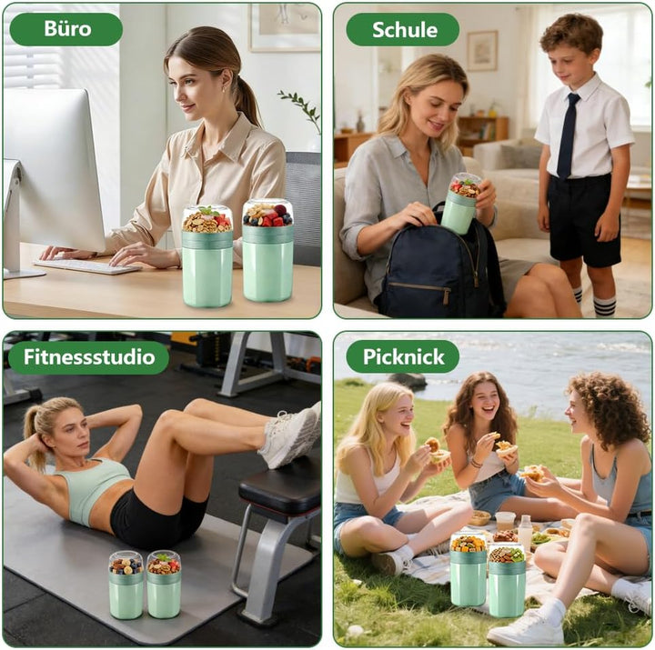 2 Stück Müslibecher to go mit Löffel - 3-Schicht-Design, Joghurtbecher to go Kinder 520ML+250ML mit