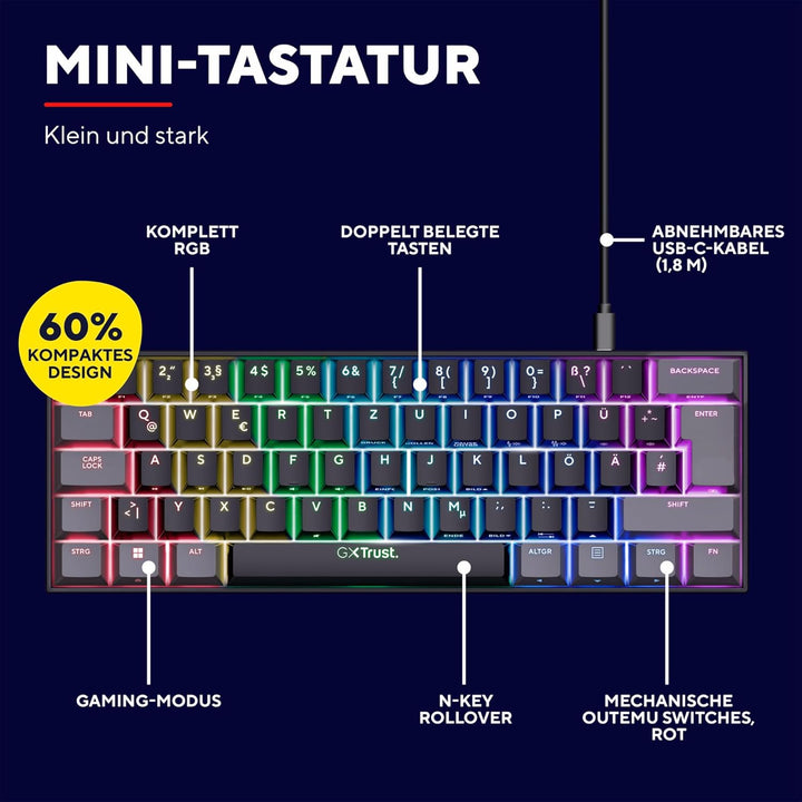 Trust Gaming GXT 867 Acira 60% Mechanische Tastatur Deutsches QWERTZ Layout, RGB Beleuchtung, Doppel