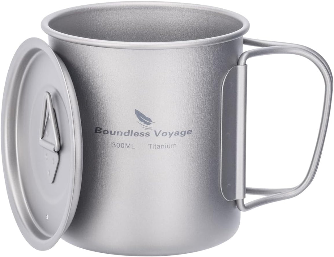 iBasingo 300ml Titan Becher Camping Tasse Outdoor Tee Kaffee Reisebecher mit Deckel & Klappgriff Lei