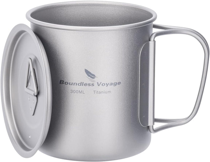 iBasingo 300ml Titan Becher Camping Tasse Outdoor Tee Kaffee Reisebecher mit Deckel & Klappgriff Lei