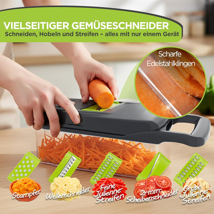 Gemüseschneider Multifunktion 13-in-1 mit Auffangbehälter, Mandoline Hobel, Zwiebelschneider, Würfel
