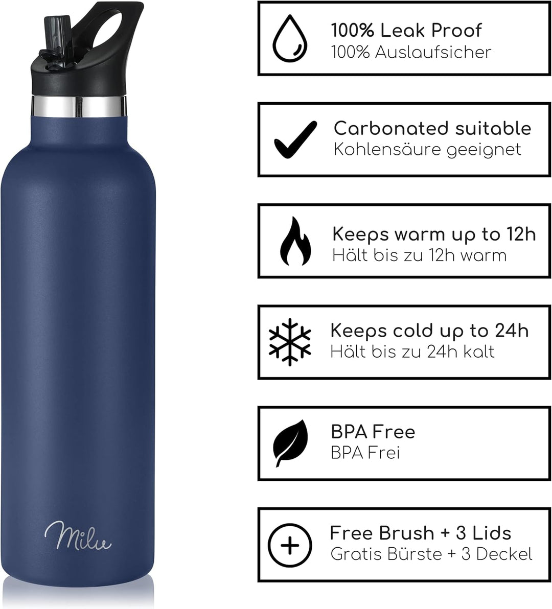 Milu Edelstahl Trinkflasche 350ml 500ml 750ml 1000ml (+3 Deckel) - Thermosflasche mit Strohhalm, Iso