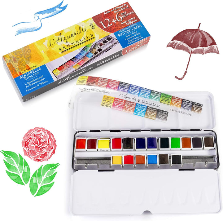 Sennelier Extra-fine Aquarellmetallkasten mit 12 1/2 Näpfchen + 6 gratis