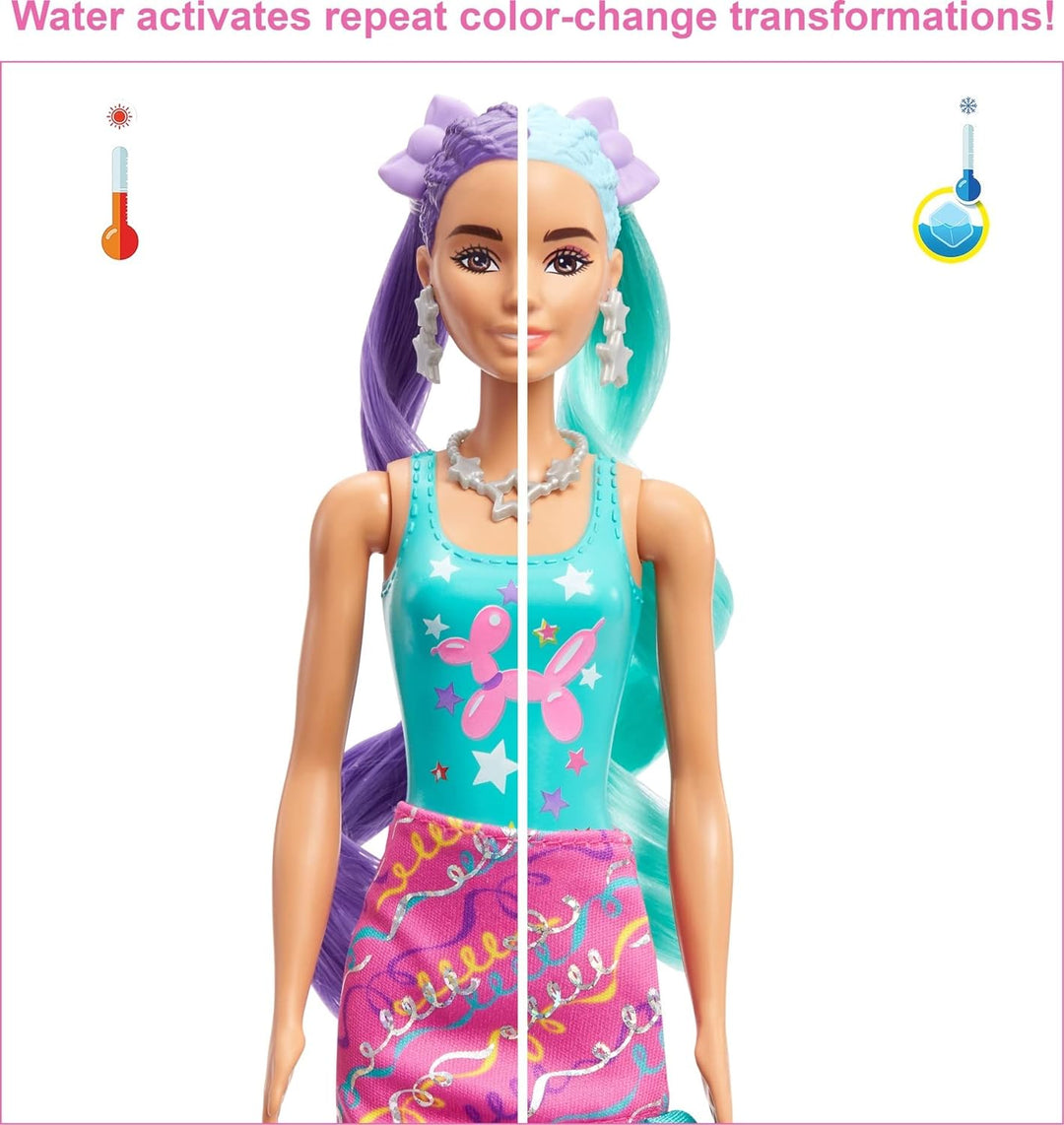 Barbie HBG41 - Color Reveal Balloon Haarwechsel Puppe, Glitzerviolett Spielset mit 25 Überraschungen