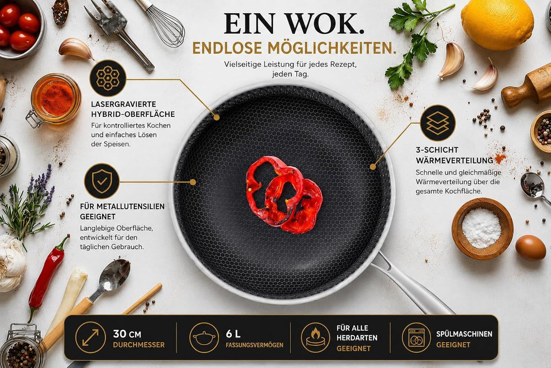 INTIGNIS Wok mit backofenfestem Deckel – Anti-Kratz-Küche, zum Sautieren, Braten, Braten – Grosse 30