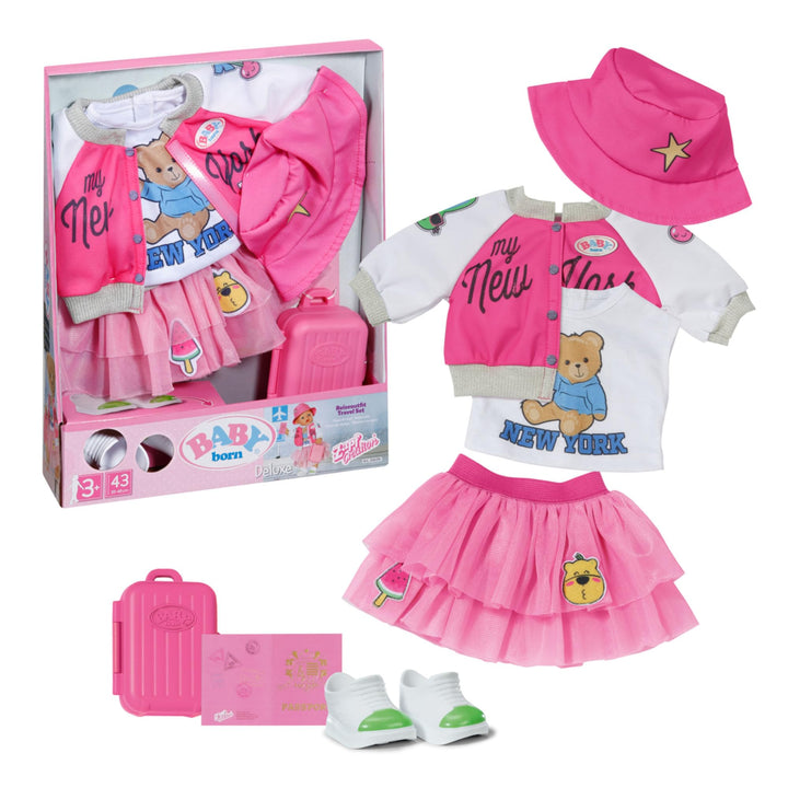 BABY born Deluxe Reiseoutfit mit Puppenkleid, Hut, Schuhen, Reisepass und Koffer für 43cm Puppen, 83